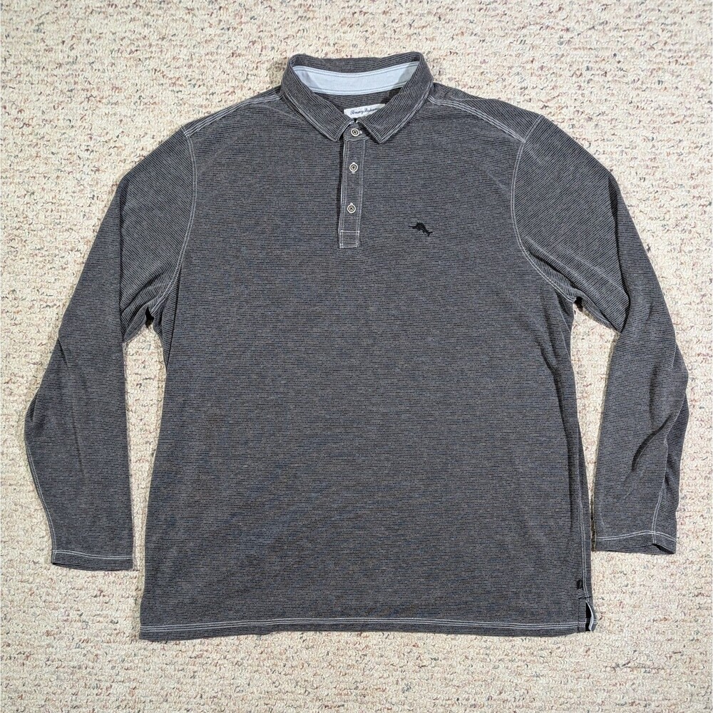 Tommy Bahama Polo Shirt Mens 2XLT Tall Long Sleeve Gray Striped Modal/Poly Blend